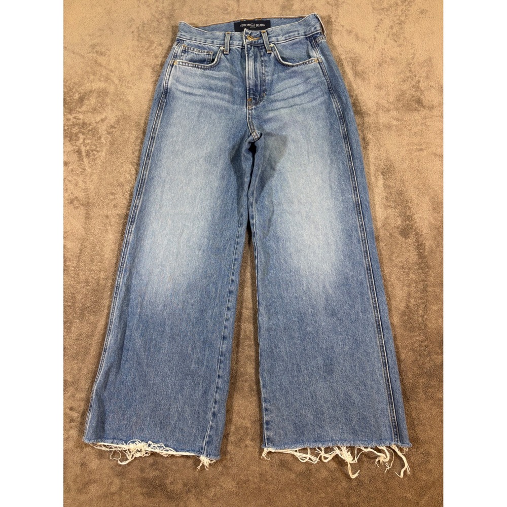 Veronica Beard Taylor Wide Leg Crop Jeans High Rise Blue Frayed Hem Size 25
